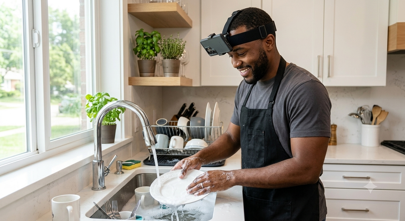A trained team member smiling while capturing real-world task data with a head-mounted camera